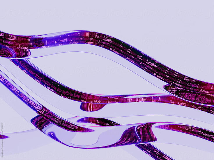 3D abstract image with thin glass ribbons carrying AI code across a soft light background. Smooth curves, subtle reflections and a clean magenta-violet palette create a minimal modern tech aesthetic.