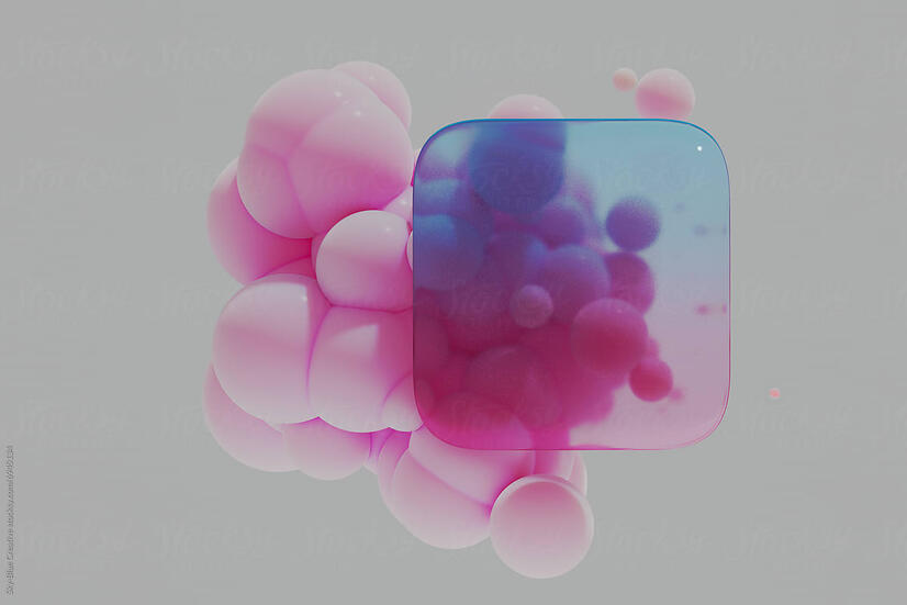 A 3D-rendered digital image featuring glossy pink and blue bubbles partially obscured by a frosted glassmorphism panel. The composition blends soft gradients and realistic lighting, offering a modern, minimalistic copyspace layout ideal for tech, wellness,