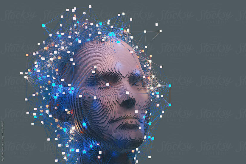 A conceptual illustration of artificial intelligence, featuring a pixelated human face surrounded by a network of glowing nodes and connections, symbolizing neural networks and data processing.
