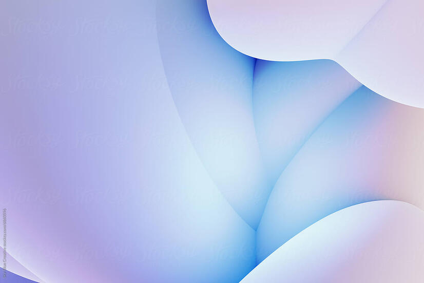 Rounded forms in pastel shades interlock and press together, creating a gentle, organic structure. Soft gradients of pink, lavender, and blue light radiate from within, casting a smooth, ambient glow.